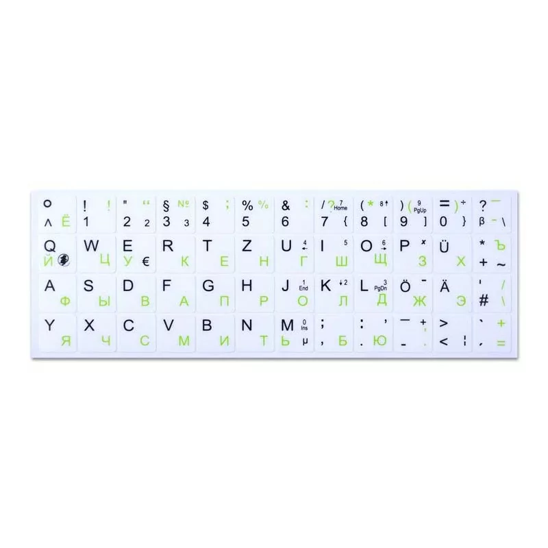 Наклейка Буквы для клавиатуры "Немецкий-Русский", чёрный/светло-зелёный, белый фон