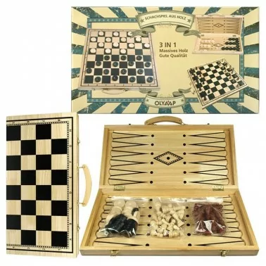 Schach-, Damen- & Backgammonspiel (Nardy), massives Holz