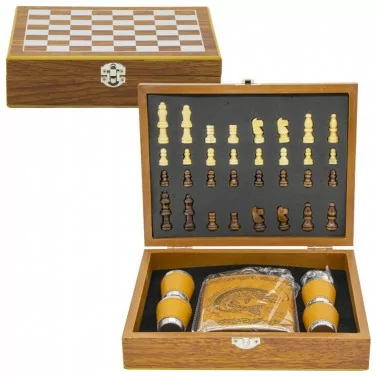 Flachmann-Set "Bester Angler" aus Edelstahl, 240 ml. inkl. Schachspiel