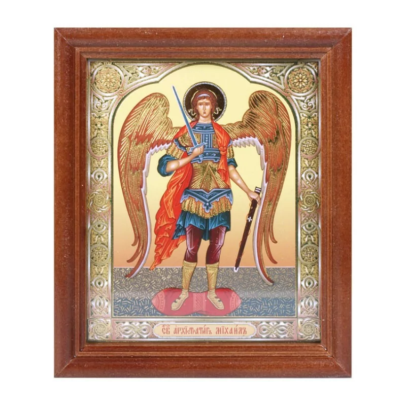 Икона "Архангел Михаил" деревянная рама, двойное тиснение,под стеклом, 13 x 15 см