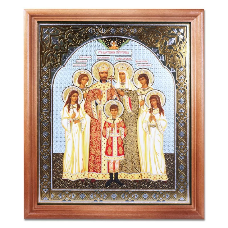 Икона "Царская семья" деревянная рама, двойное тиснение, 20 x 24 см