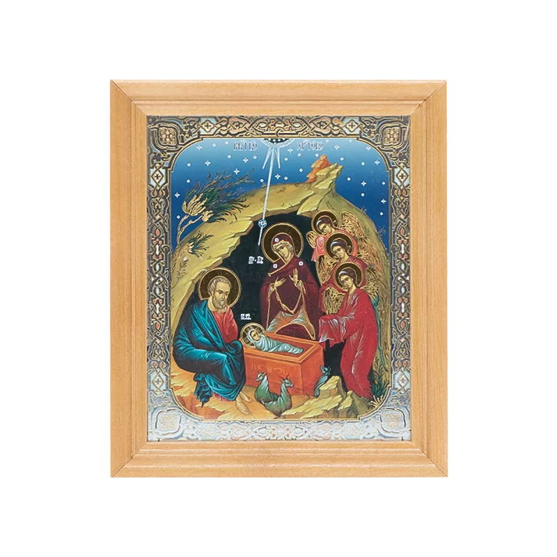 Ikone "Geburt Christi" Holzumrahmung, unter Glas, 13 x 15 cm