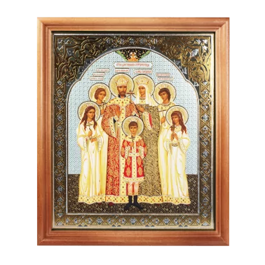Ikone "Царская семья" Holzumrahmung, Doppelprägung, unter Glas, 13 x 15 cm